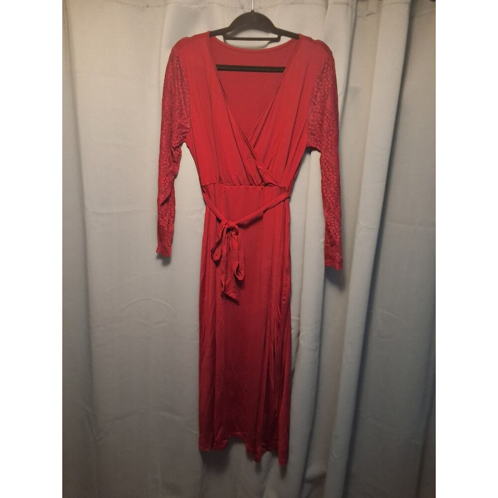 Plus Size Red Lace V Neck Surplice Maxi Dress with BELT XL EXTRA LARGE NWT - Picture 3 of 6
